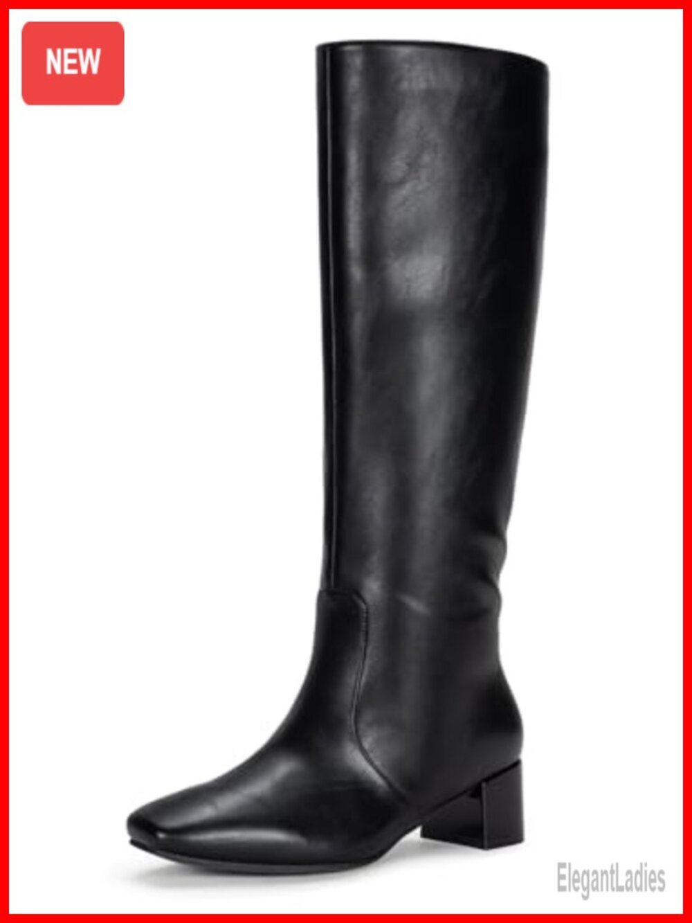 Knee High Boots Women Faux Leather Square Toe Low Block Heel Side Zip Tall